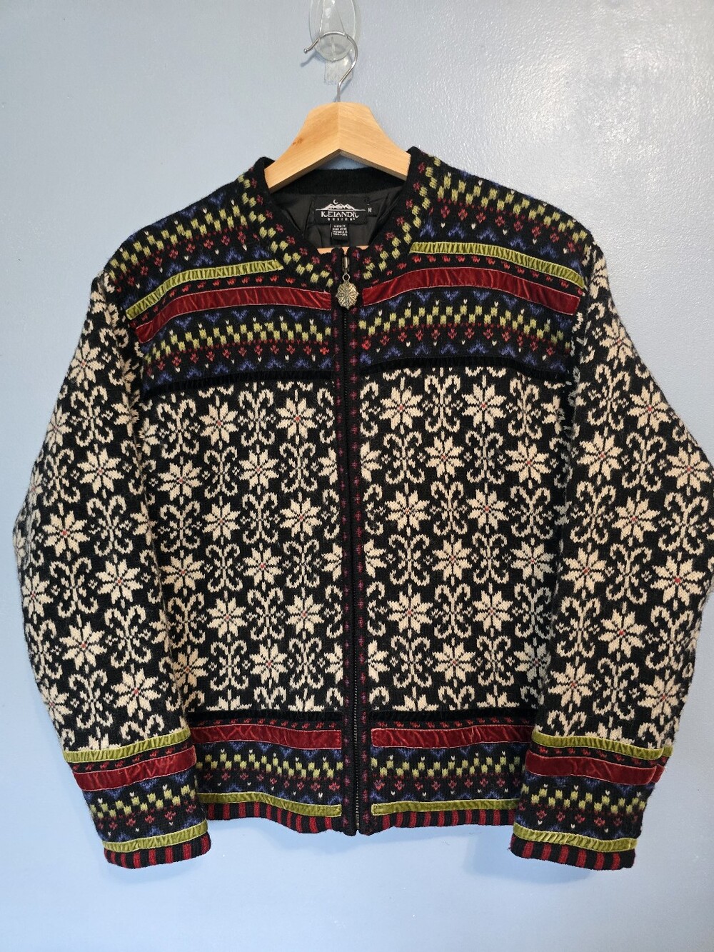 Vntg Icelandic Design Fair Isle Wool Sweater Jacket Velvet Trim M